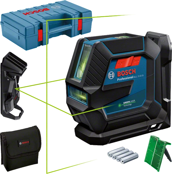 BOSCH GLL 2-15 G Çapraz Çizgili Yeşil Lazer Terazi Plastik Çantalı ürün görseli 1
