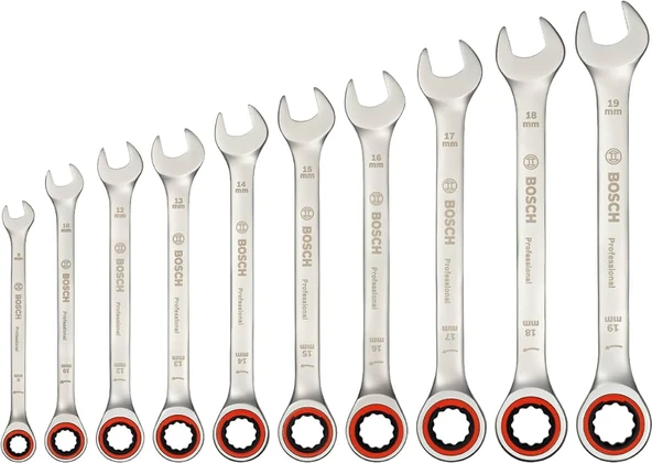 BOSCH Profesyonel 10 Parça Cırcır Kombine Anahtar Takımı (1600A02AU0) ürün görseli 1