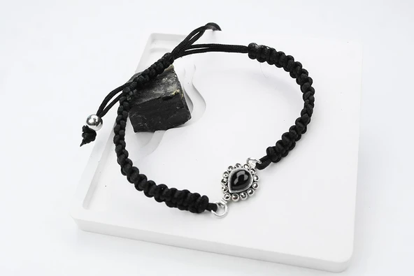 BlackCraft Oltu Taşı Gümüş Çerçeve Damla Ayarlanabilir Bileklik ürün görseli 1
