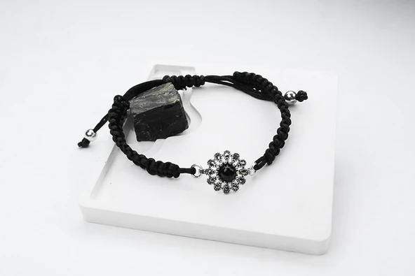 BlackCraft Oltu Taşı Gümüş Çerçeve Papatya Ayarlanabilir Bileklik ürün görseli 1