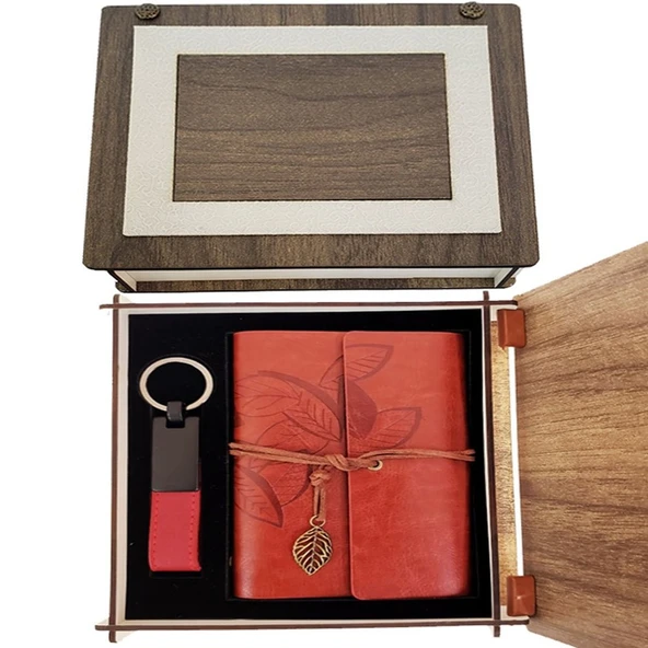 Özel Ahşap Kutulu Kiremit Rengi Deri Defter ve Anahtarlık Set ürün görseli 1