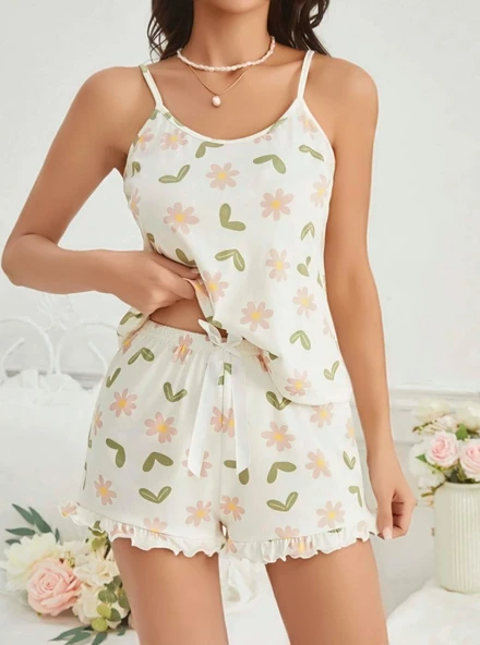 Kadın Ekru Çiçek Baskılı Şortlu Gecelik Pijama Takımı 5047 ürün görseli 1
