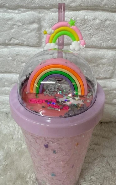 PİPETLİ BARDAK MATARA SEVİMLİ SULUK 450 ml ÇİFT KATMANLI KALPLİ PULLU ürün görseli 1