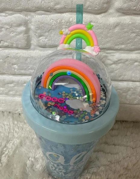 PİPETLİ BARDAK MATARA SEVİMLİ SULUK 450 ml ÇİFT KATMANLI KALPLİ PULLU ürün görseli 1