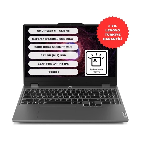 LOQ Amd Ryzen 5-7235HS 24GB 512GB SSD 15.6" Fhd 144Hz RTX3050 6gb Gddr6 Dos Gaming Laptop c ürün görseli 1