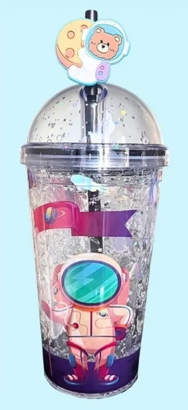 PİPETLİ BARDAK MATARA SEVİMLİ SULUK 450 ml ÇİFT ASTRONOT FİGÜRLÜ ürün görseli 1