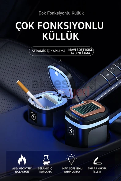Araç İçi Küllük Lüks Güneş Enerjili Çakmaklı Seramik Deri Detaylı Premium Model ürün görseli 1