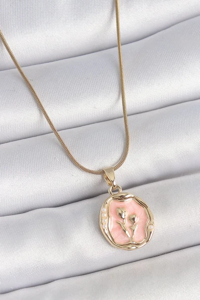 316L Çelik Gold Renk Zincir Pembe Mineli Çiçek İşlemeli Portre Model Kadın Kolye - TJ-BKO10165 ürün görseli 1