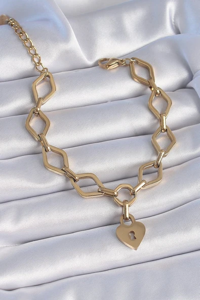316L Çelik Gold Renk Zincir Model Kilit Kalp Figür Kadın Bileklik - TJ-BB6434 ürün görseli 1