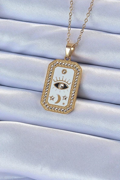 316L Çelik Zincir Altın Renk Mineli Zirkon Taşlı Göz Figür Tarot Kolye - TJ-BKO9215 ürün görseli 1