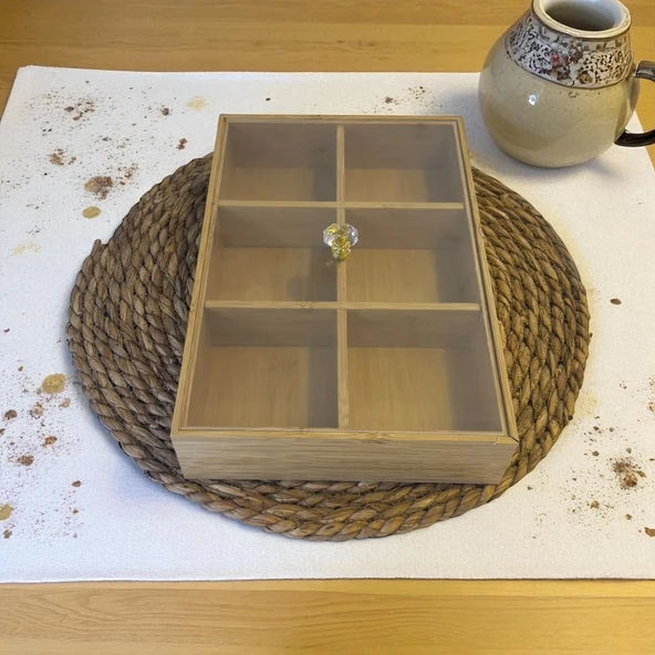 Kapaklı çay saklama kutusu - poşet çay saklama kabı - çay kutusu bambu 6 bölmeli ürün görseli 1