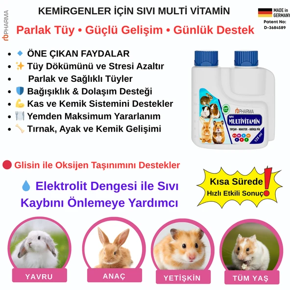 Sıvı Multivitamin Tavşan , Hamster vb. Kemirgen için Parlak Tüy ve Gelişim 125 ml ürün görseli 1