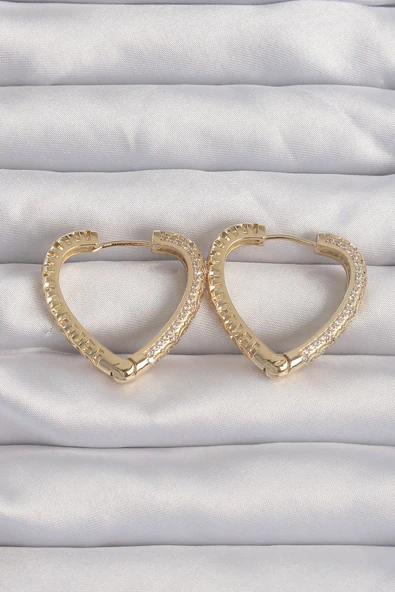 Pirinç Gold Renk Zirkon Taşlı Motifli Kalp Küpe - TJ-BKP9285 ürün görseli 1