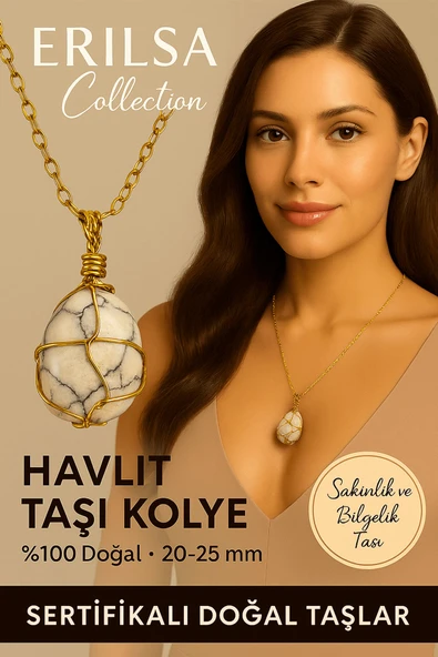 Sertifikalı Tel Sargılı Doğal Havlit Taşı Kolye – Altın Kaplama Sakinlik ve Bilgelik Taşı ürün görseli 1