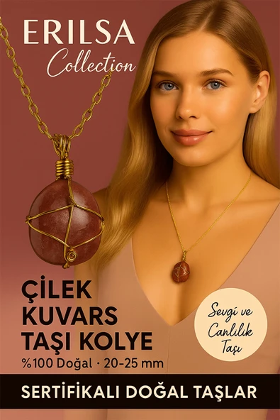 Sertifikalı Doğal Gold Renkli Tel Sargılı Çilek Kuvars Taşı Kolye – Sevgi ve Canlılık Taşı ürün görseli 1