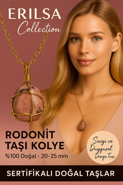 Sertifikalı Tel Sargılı Gold Renkli Doğal Rodonit Taşı Kolye – Sevgi ve Duygusal Denge Taşı ürün görseli 1