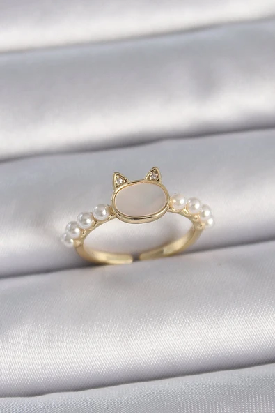 Pirinç Gold Renk Ayarlanabilir Beyaz Mineli Kedi Model İnci Detay Kadın Yüzük - TJ-BYK3386 ürün görseli 1