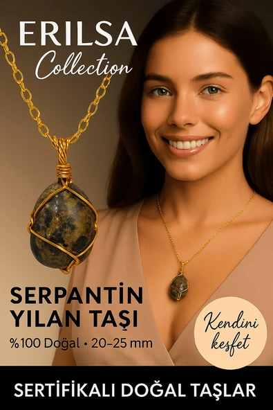 Sertifikalı Gold Renkli Doğal Tel Sargılı Serpantin Yılan Taşı Kolye – Dönüşüm ve Koruma Taşı ürün görseli 1