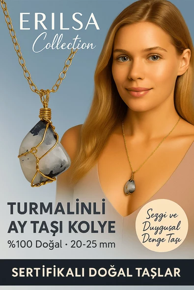 Sertifikalı Gold Renkli Turmalinli Ay Taşı Kolye – Sezgi ve Duygusal Denge Taşı ürün görseli 1