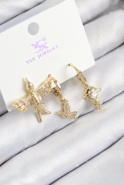 Pirinç Zirkon Taşlı 3'lü Kuş Model Gold Renk Kadın Küpe - TJ-BKP11133 ürün görseli 1