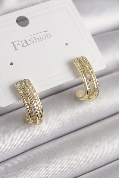 Pirinç Gold Renk Zirkon Taşlı Yarım Halka Model Kadın Küpe - TJ-BKP9977 ürün görseli 1