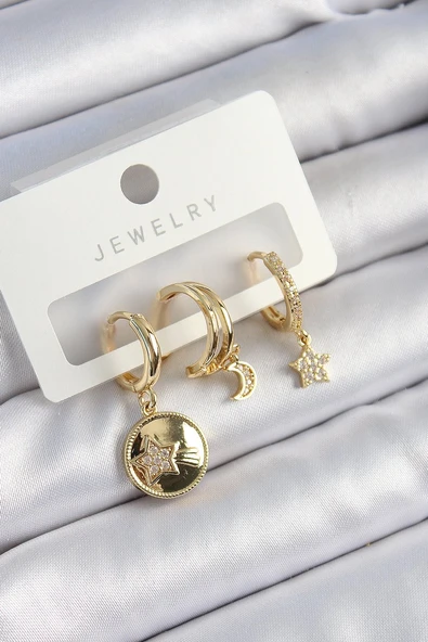 Pirinç Zirkon Taşlı Yıldız Ve Ay Model Gold Renk 3'lü Çift Kadın Küpe Set - TJ-BKP10833 ürün görseli 1