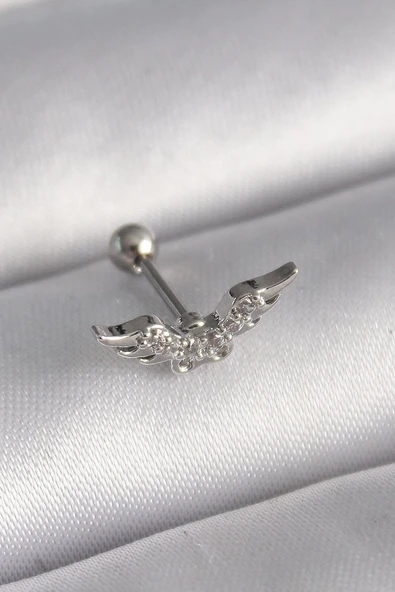 316L Çelik Gümüş Renk Zirkon Taş Detay Kanat Model Tragus Piercing - TJ-PR1291 ürün görseli 1
