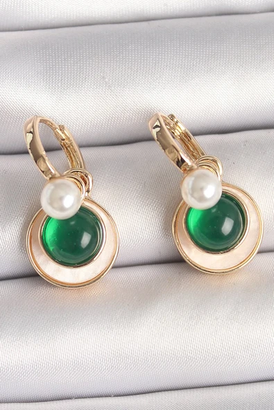 Pirinç Gold Renk Beyaz Yeşil Sallantı Mineli Kadın Küpe - TJ-BKP10363 ürün görseli 1