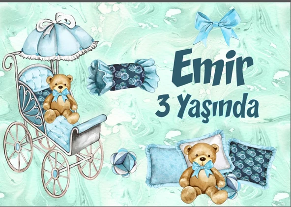Mavi Ayıcık Temalı Doğum Günü Afişi - 35x50 Cm ürün görseli 1