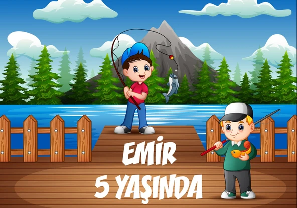 Balık Tutan Çocuklar Doğum Günü Afişi - 50x70 Cm ürün görseli 1