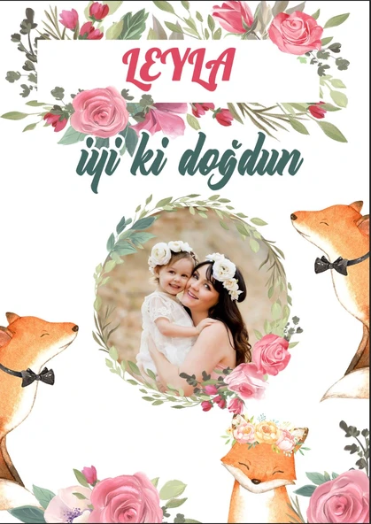 Çiçekler ve Tilki Temalı Doğum Günü Afişi - 70x100 Cm ürün görseli 1