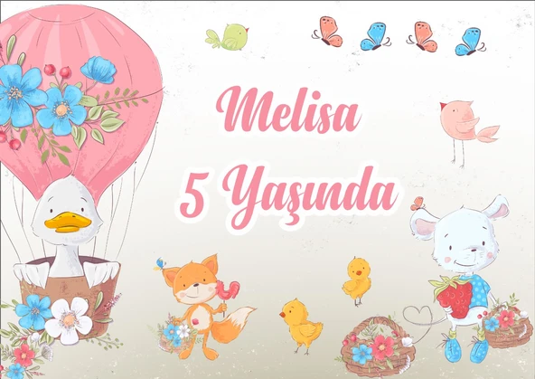Sevimli Hayvanlar ve Balon Temalı Doğum Günü Afişi - 70x100 Cm ürün görseli 1