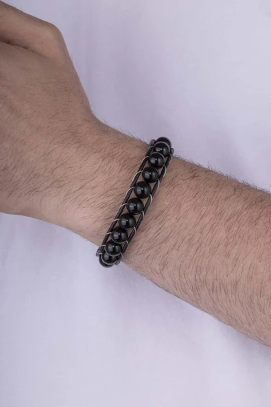 Gümüş Pazarım 10 mm Oniks Taşlı Deri Geçişli Erkek Doğal Taş Bileklik ürün görseli 1