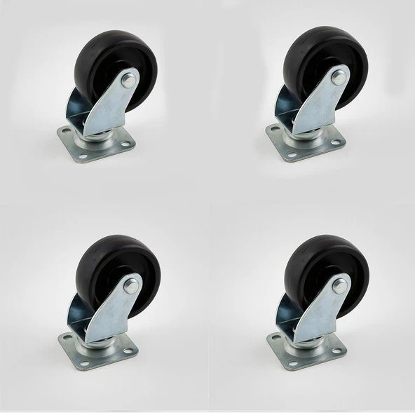 4'lü Set Tablalı Dönerli Mobilya Tekerleği 50 MM Siyah Renk Dayanıklı Yük Taşıma Sanayi Tekeri Set ürün görseli 1