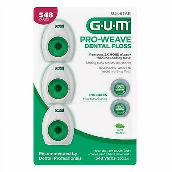 GUM Pro-Weave Dokuma Diş İpi, Parçalamaya Dayanıklı Diş İpi, Nane Aromalı, 3 Numara + 2 Seyahat Ünitesi ürün görseli 1