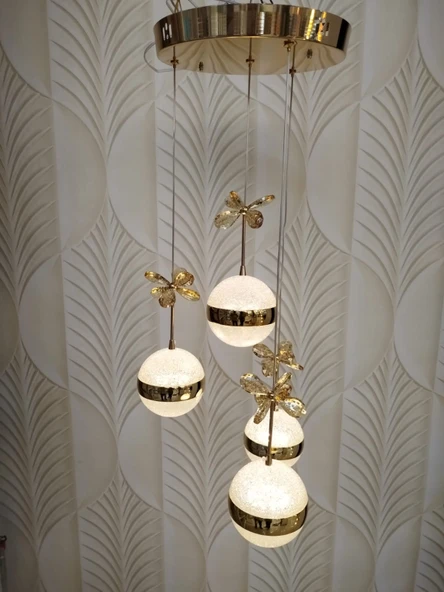 Şık Tarz Modern LED Avize Gold Ledli Salon Avizesi Kelebek Taşlı ürün görseli 1