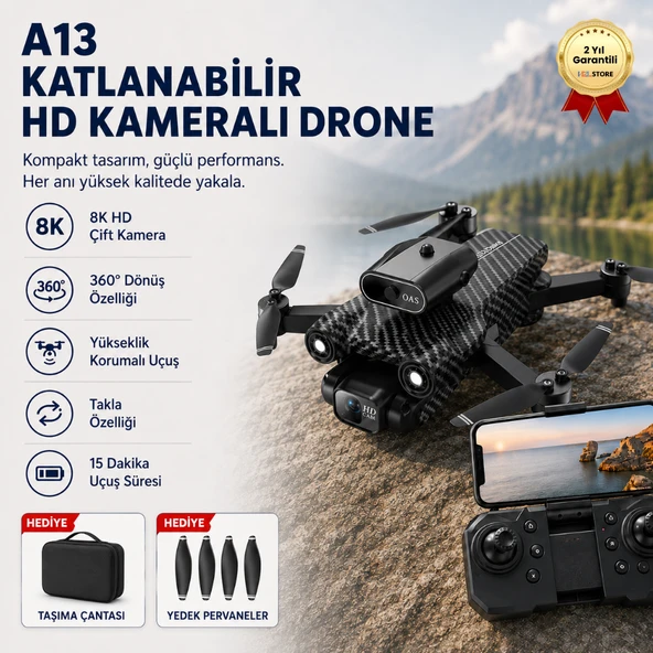 A13 Katlanabilir HD Kameralı Drone Yükseklik Korumalı 360° Dönüş Özellikli  Drone ürün görseli 1