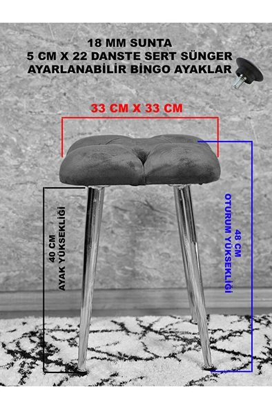 Kare Krom Kaplama Konik Ayaklı Tabure - Oturak - Bar Taburesi - Ayaklı Tabure Siyah Renk 48 x 33 Boyut/Ebat ürün görseli 1