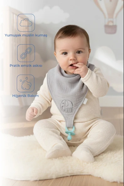Babyjem Emzik Askılı Müslin Mama Önlüğü Gri ürün görseli 1
