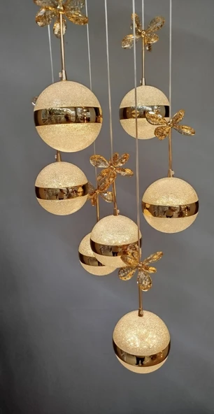 Şık Tarz Modern LED Avize Gold Ledli Salon Avizesi Kelebek Taşlı 7Lı ürün görseli 1