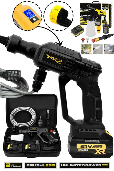 Assur Plus 21V 2 BATARYA Kömürsüz Motor Dijital Ekranlı Yüksek Basınçlı Akülü Şarjlı Oto Araba Yıkama Makinesi ürün görseli 1