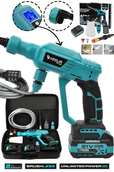 21V 2 BATARYA Kömürsüz Motor Dijital Ekranlı Yüksek Basınçlı Akülü Şarjlı Oto Araba Yıkama Makinesi ürün görseli 1
