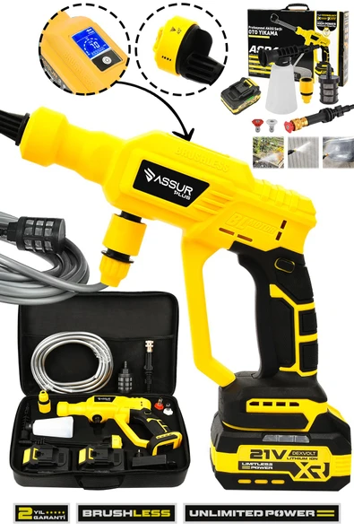 Assur Plus 21V 2 BATARYA Kömürsüz Motor Dijital Ekranlı Yüksek Basınçlı Akülü Şarjlı Oto Araba Yıkama Makinesi ürün görseli 1