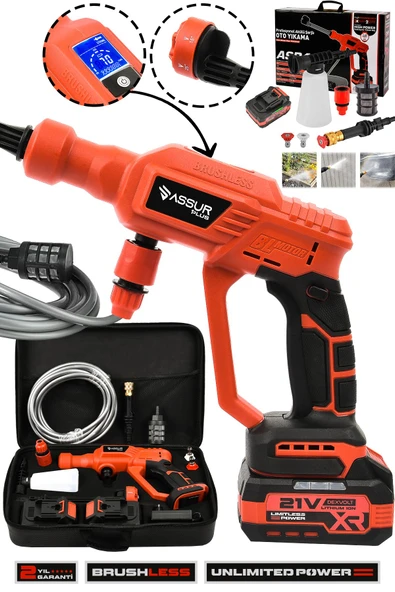 Assur Plus 21V 2 BATARYA Kömürsüz Motor Dijital Ekranlı Yüksek Basınçlı Akülü Şarjlı Oto Araba Yıkama Makinesi ürün görseli 1