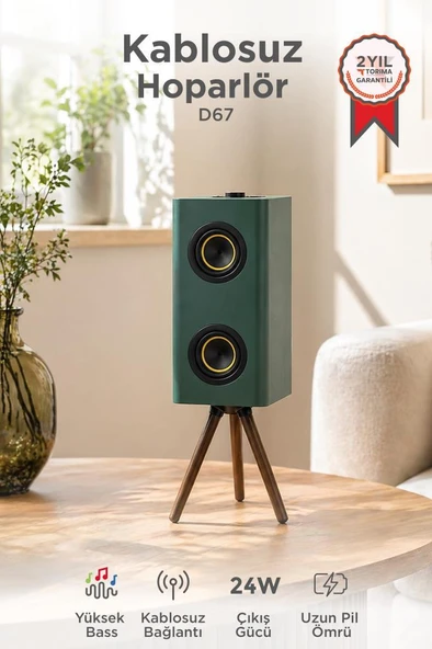 Kablosuz Hoparlör 24W 3000mAh Taşınabilir Ayaklı Speaker D67 Yeşil ürün görseli 1