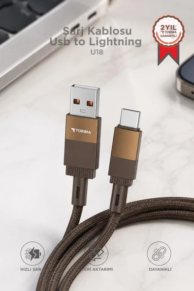 Şarj Kablosu Usb to Lightning Data Kablo U18 Kahverengi ürün görseli 1