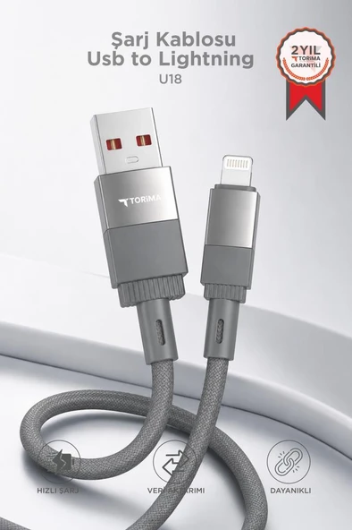 Şarj Kablosu Usb to Lightning Data Kablo U18 Gri ürün görseli 1