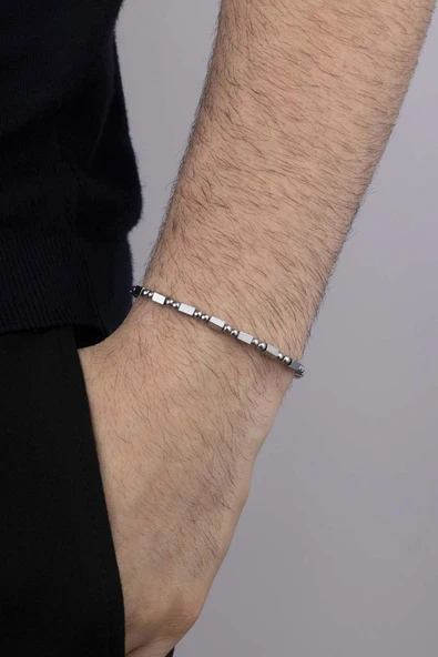 Gümüş Pazarım Hematit Taşlı Minimal Kesim Doğal Taş Erkek Bileklik ürün görseli 1