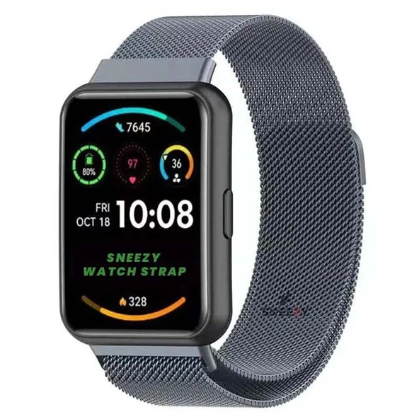 Huawei Watch Fit 2 Metal Hasır Kordon Woven Wire Metal Tasarım Kordon  Koyu Gri ürün görseli 1