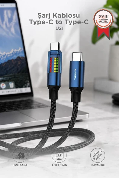 Şarj Kablosu Type-C to Type-C Led Ekranlı Hızlı 60W Data Kablo U21 Siyah ürün görseli 1